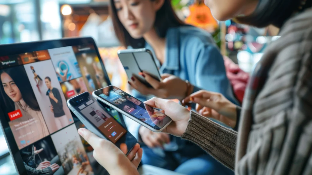 Community manager en agence de communication en train de gérer les reseaux sociaux depuis leurs smartphones et ordinateurs portables pour la gestion des comptes des clients.