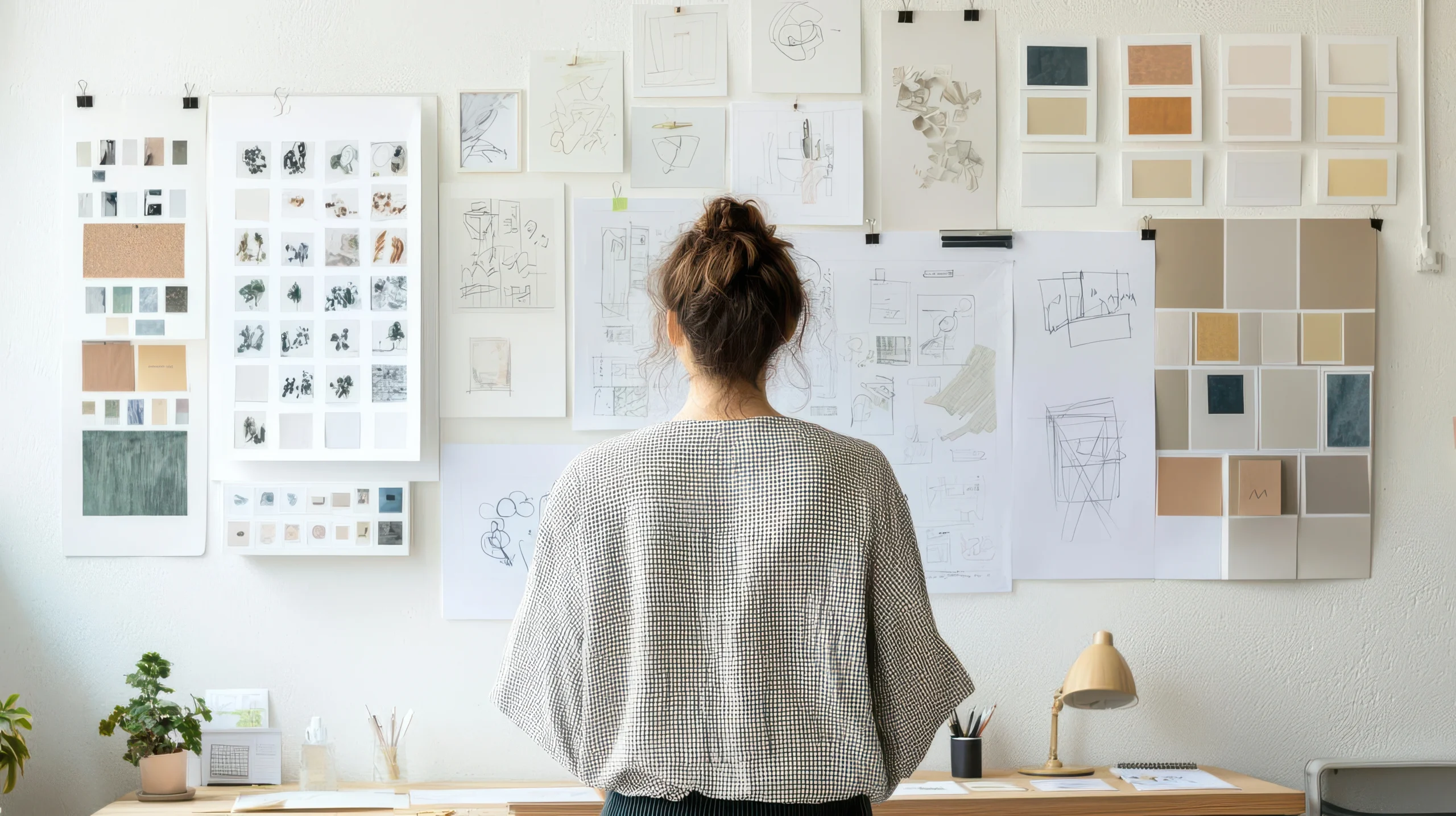 Une graphiste de dos face à un grand moodboard d'inspiration qu'elle a créé sur le mur de son bureau. Définition de la palette de couleurs, des formes graphiques et images pour définir l'univers graphique et la direction artistique d'un projet client.