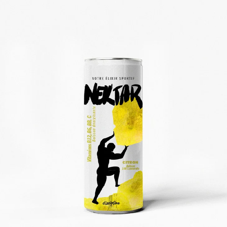 Présentation de la canette de la marque Nektar avec la réalisation de l'ensemble du packaging, de l'identité visuelle et du logo.