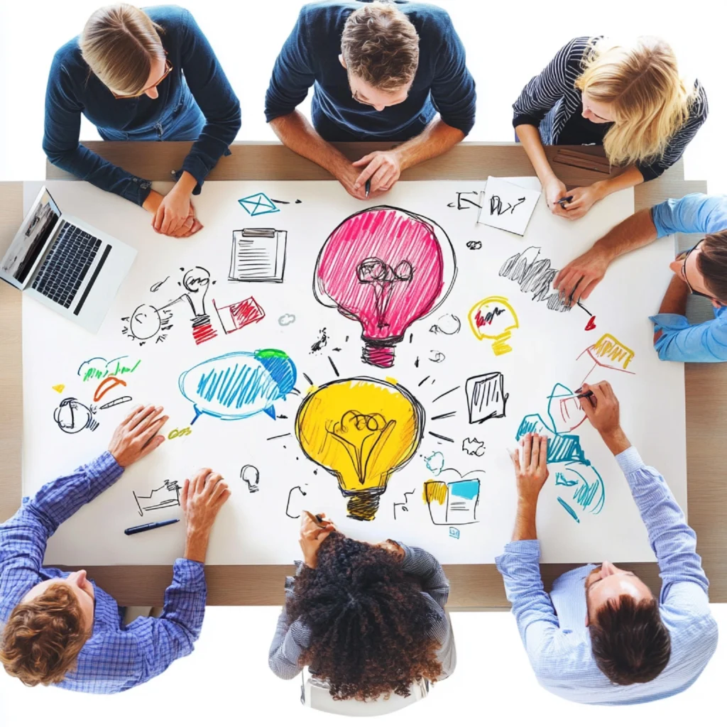 photo d'une équipe de communication autour d'une table en plein brainstorming pour établir une stratégie de communication. Le visuel au centre de la table illustre des idées, des réflexions, des mots clés afin de montrer le travail de réflexion et de structuration d'une stratégie de com.