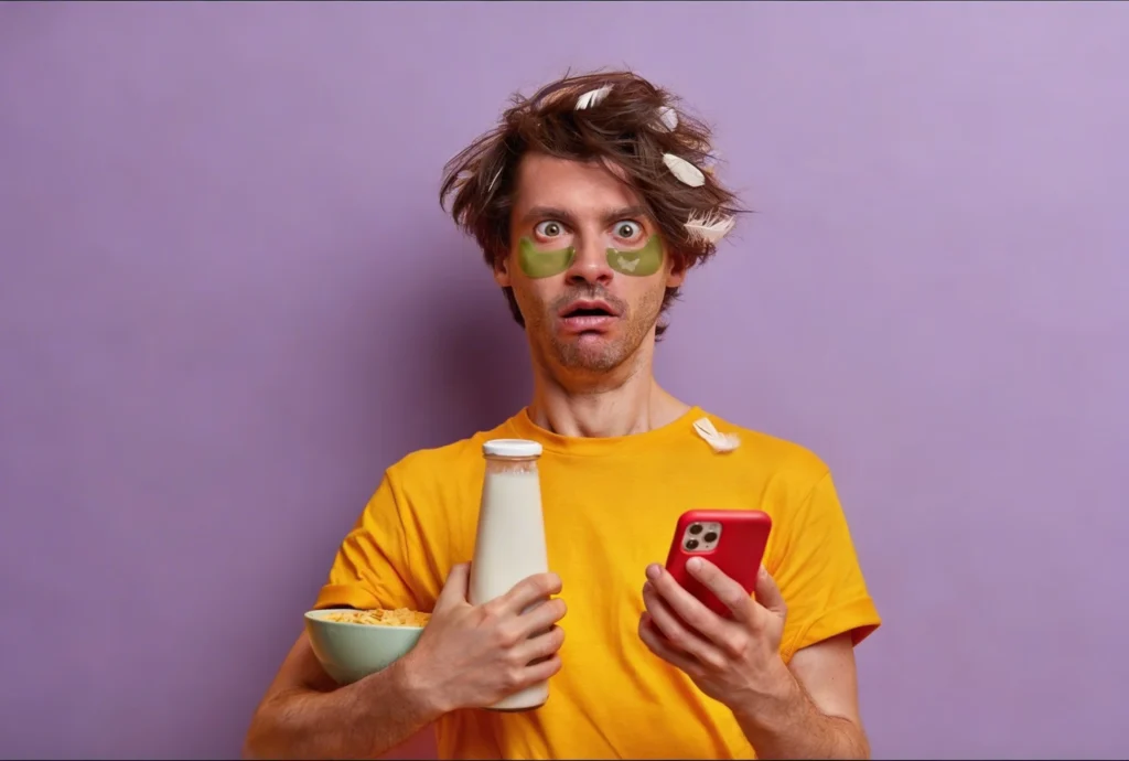 Entrepreneur débordé tentant de gérer plusieurs réseaux sociaux en même temps, illustrant l'épuisement de vouloir être présent partout