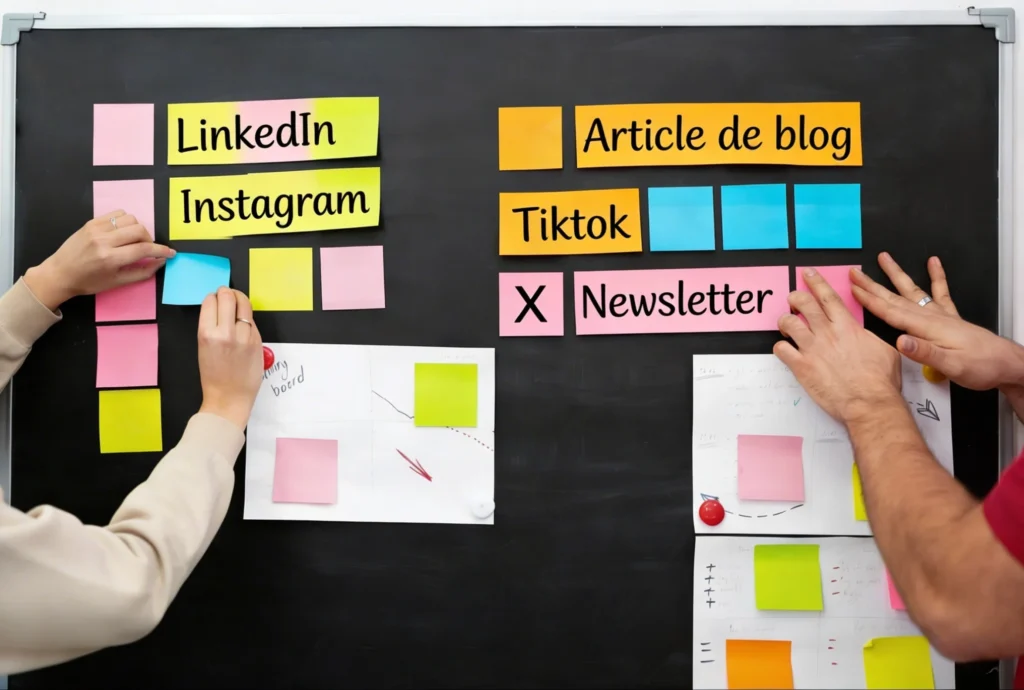 image d'un tableau des mains de collaborateurs déposant des post-it colorés sur lesquels est inscrit : Instagram, LinkedIn, Tiktok, X, newsletter, article de blog... illustrant la réflexion autour du calendrier et de la ligne éditoriale