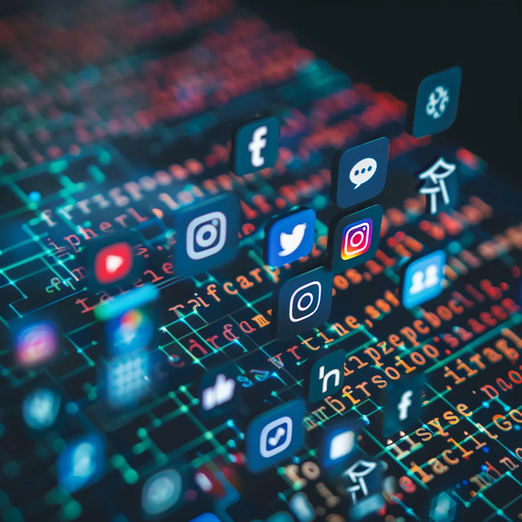 Icônes de réseaux sociaux (Facebook, Instagram, Twitter, LinkedIn) sur fond de code informatique symbolisant les algorithmes