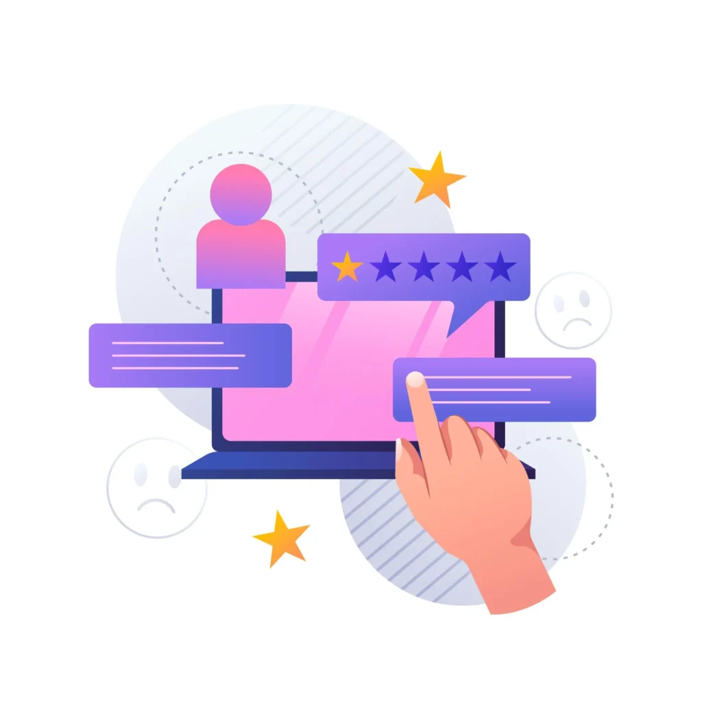 Illustration représentant l'e-reputation d'une entreprise : avis clients en ligne, notes étoilées et gestion des commentaires sur les réseaux sociaux.