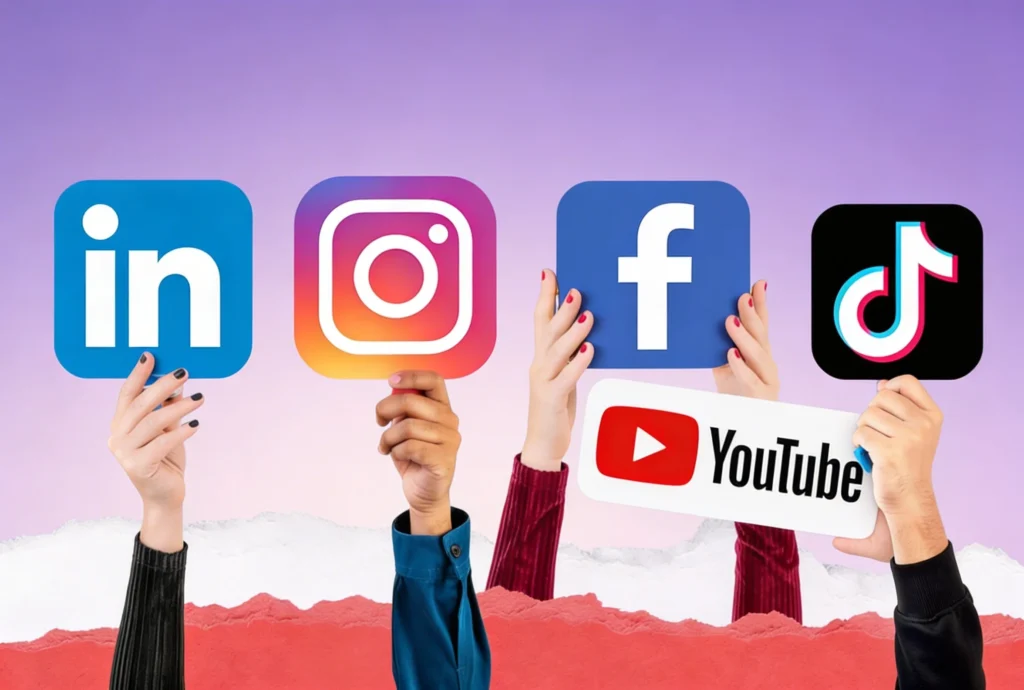 Logos des principaux réseaux sociaux (LinkedIn, Instagram, Facebook, YouTube, TikTok) tenus par des mains, symbolisant le choix stratégique des plateformes